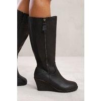 'Effie' Wedge Heel Mid Calf High Boots With Side Zip
