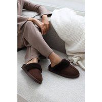 Where's That From Women's 'Comfort' Slip On Slippers With Fur Trim Suede in Dark Brown | Size: 6
