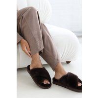 Where's That From Women's 'Cuddle' Cross Over Fluffy Slippers in Brown | Size: 7