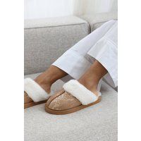 Where's That From Women's 'Cassia' Snake Print Mule Slippers with Faux Fur Trim in Camel | Size: 6