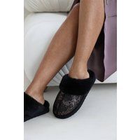 Where's That From Women's 'Cassia' Snake Print Mule Slippers with Faux Fur Trim in Black | Size: 5