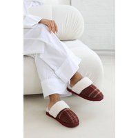 Where's That From Women's 'Jemima' Tartan Mule Slippers with Faux Fur Trim in Red | Size: 3