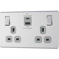 LAP 13A 2-Gang SP Switched Socket + 3A 45W 2-Outlet Type A & C USB Charger Brushed Steel with Grey Inserts (619PN)