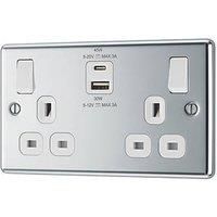LAP 13A 2-Gang SP Switched Socket + 3A 45W 2-Outlet Type A & C USB Charger Polished Chrome with White Inserts (916PN)