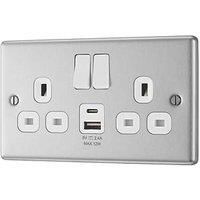 LAP 13A 2-Gang SP Switched Socket + 2.4A 12W 2-Outlet Type A & C USB Charger Brushed Steel with White Inserts (236PN)