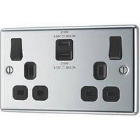 LAP 13A 2-Gang SP Switched Socket + 3A 22W 2-Outlet Type A & C USB Charger Polished Chrome with Black Inserts (124PN)
