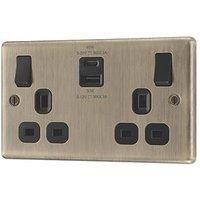 LAP 13A 2-Gang SP Switched Socket + 3A 45W 2-Outlet Type A & C USB Charger Antique Brass with Black Inserts (238PN)