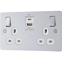 LAP 13A 2-Gang SP Switched Socket + 3A 45W 2-Outlet Type A & C USB Charger Brushed Steel with White Inserts (450PN)
