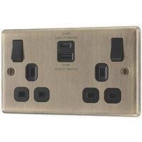 LAP 13A 2-Gang SP Switched Socket + 3A 22W 2-Outlet Type A & C USB Charger Antique Brass with Black Inserts (806PN)