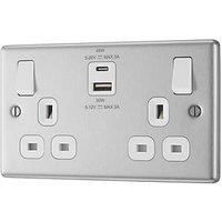 LAP 13A 2-Gang SP Switched Socket + 3A 45W 2-Outlet Type A & C USB Charger Brushed Steel with White Inserts (626PN)