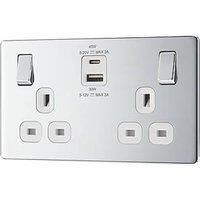 LAP 13A 2-Gang SP Switched Socket + 3A 45W 2-Outlet Type A & C USB Charger Polished Chrome with White Inserts (842PN)