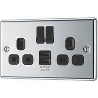 LAP 13A 2-Gang SP Switched Socket + 2.4A 12W 2-Outlet Type A USB Charger Polished Chrome with Black Inserts (143PN)