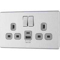 LAP 13A 2-Gang SP Switched Socket + 2.4A 12W 2-Outlet Type A & C USB Charger Brushed Steel with Grey Inserts (941PN)