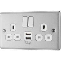 LAP 13A 2-Gang SP Switched Socket + 2.4A 12W 2-Outlet Type A USB Charger Brushed Steel with White Inserts (544PN)