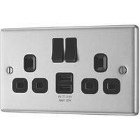 LAP 13A 2-Gang SP Switched Socket + 2.4A 12W 2-Outlet Type A USB Charger Brushed Steel with Black Inserts (850PN)
