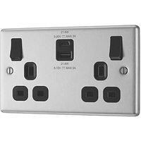 LAP 13A 2-Gang SP Switched Socket + 3A 22W 2-Outlet Type A & C USB Charger Brushed Steel with Black Inserts (429PN)