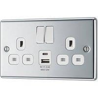 LAP 13A 2-Gang SP Switched Socket + 2.4A 12W 2-Outlet Type A & C USB Charger Polished Chrome with White Inserts (986PN)