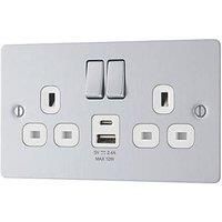 LAP 13A 2-Gang SP Switched Socket + 2.4A 12W 2-Outlet Type A & C USB Charger Brushed Steel with White Inserts (789PN)