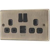 LAP 13A 2-Gang SP Switched Socket + 2.4A 12W 2-Outlet Type A USB Charger Antique Brass with Black Inserts (604PN)