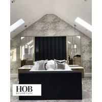 HOB Furniture Janie Linear Design Tv Bed With Mirrors, Malta Velvet Fabric - Hb 137 Cm, Black | Size: Super King