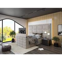 HOB Furniture Block Upholstered Tv Bed Frame, Luxury French Velvet, Pebble in Light Grey | Size: Super King