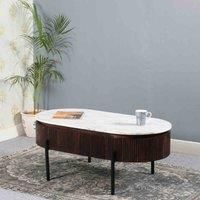 IH Design Luxor Mango Wood Rectangular Fluted Coffee Table With Marble Top & Metal Legs, Brown