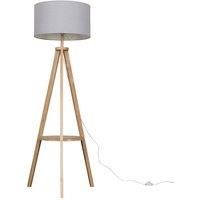 Light Wood Tripod Floor Lamp With Shelf Large Fabric Lampshades LED Lighting