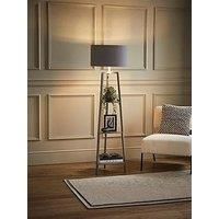 Grey Wood Floor Lamp 3 Tier Shelving Unit Storage Light Large Shade LED 6W Bulb