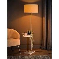 Tavel Brushed Gold Marble Base Floor Lamp With Table And Large Natural Shade