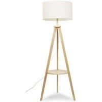 ValueLights Morrigan Wooden Tripod Floor Lamp & Cream Boucle Drum Shade & Bulb in Natural