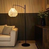 Black Metal Curve Floor Lamp Base Living Room Light Natural Rattan Lampshade