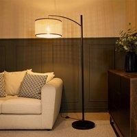MiniSun Preto Black Metal Floor Lamp with Curve + Reni Cane Large Shade 157.5cm H X 62cm W X 33cm D