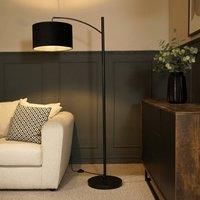 MiniSun Preto Black Metal Floor Lamp with Curve + Reni Grey Velvet Large Shade Black 44cm H X 22.5cm W X 89.5cm D