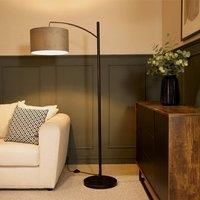 MiniSun Preto Black Metal Floor Lamp with Curve + Reni Grey Velvet Large Shade Grey 44cm H X 22.5cm W X 89.5cm D