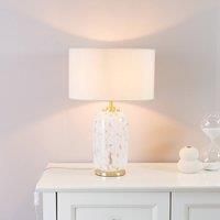 ValueLights India Fabric Drum Shade on Rounded White Confetti Glass Table Lamp in Nude