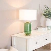 ValueLights Leigh Fabric Drum Shade with Forest Green Glass & Gold Trim Table Lamp in White