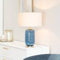 Navy Blue Glass and Gold Detail Table Lamp Drum Shade Bedroom Living Room Light