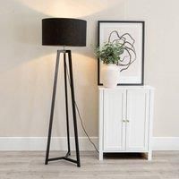 Black Wood Tripod Floor Lamp Fabric Drum Lampshade LED Bulb Living Room Light