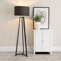 Black Wood Tripod Floor Lamp Fabric Drum Lampshade LED Bulb Living Room Light