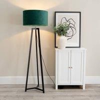 ValueLights Lottie Black Wood Tripod Floor Lamp with Velvet Drum Shade in Green