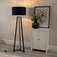 Black Wooden Tripod Floor Lamp Metallic Inner Drum Shade LED Bulb Lounge Light