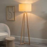 Natural Wooden Tripod Floor Lamp Fabric Drum Lampshade Free Standing Light