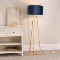 Natural Wood Tripod Floor Lamp Velvet Lampshade Living Room Free Standing Light