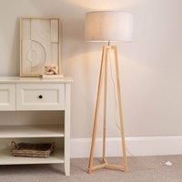 Natural Wooden Tripod Floor Lamp Fabric Drum Lampshade Free Standing Light
