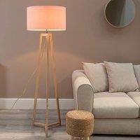 ValueLights Lottie Natural Wood Tripod Floor Lamp with Fabric Drum Shade in Pink