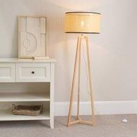 ValueLights Lottie Natural Wood Tripod Floor Lamp with Wicker Drum Shade