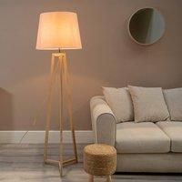 Natural Wooden Tripod Floor Lamp Tapered Lampshade Free Standing Lounge Light