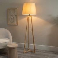 Natural Wooden Tripod Floor Lamp Tapered Lampshade Free Standing Lounge Light