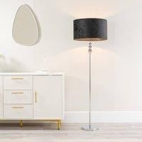 ValueLights Marissa Velvet Drum Shade with Chrome Stacked Ball Floor Lamp in Black
