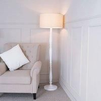 ValueLights Victoria White Wood Traditional Stem Floor Lamp with Fabric Drum Shade in Natural